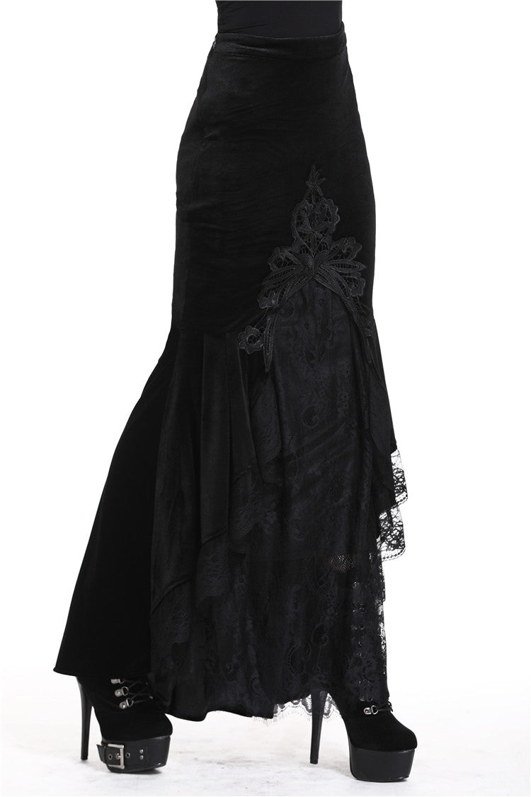 Sable Velour Lace-Trim Gothic Mermaid Skirt