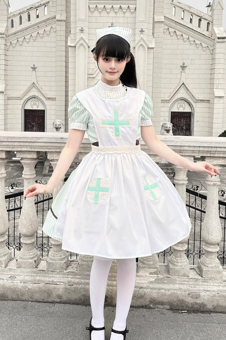 Green Striped Bow Nurse Lolita Stand-Collar