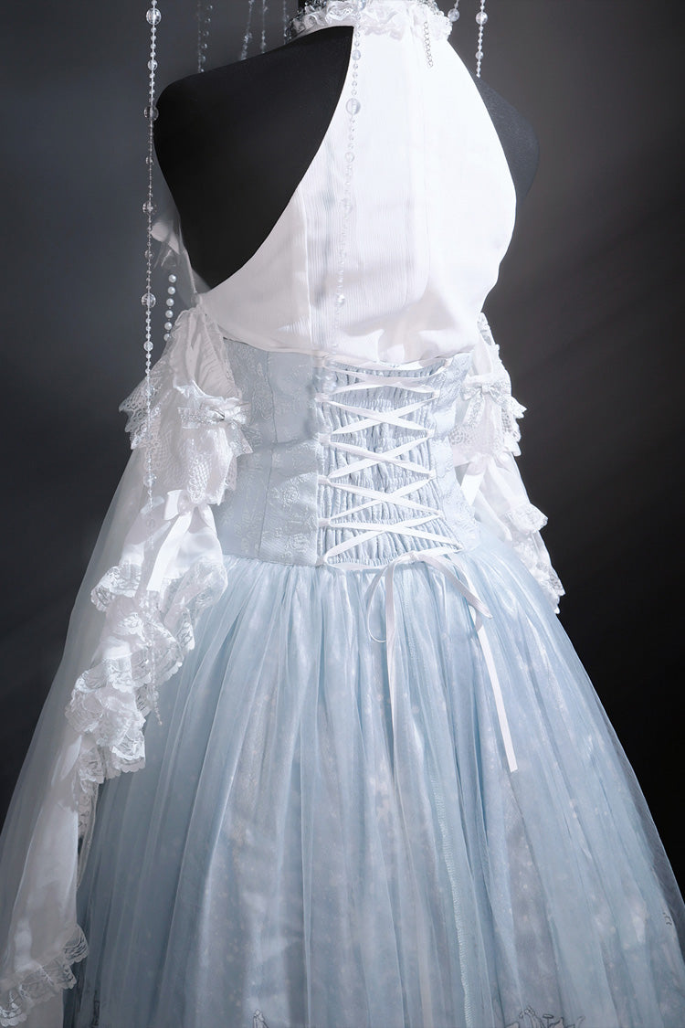 Snow Lily Print Ruffle Hanayome Embroidery Lace-Up Elegant Princess Lolita Skirt Set in Blue