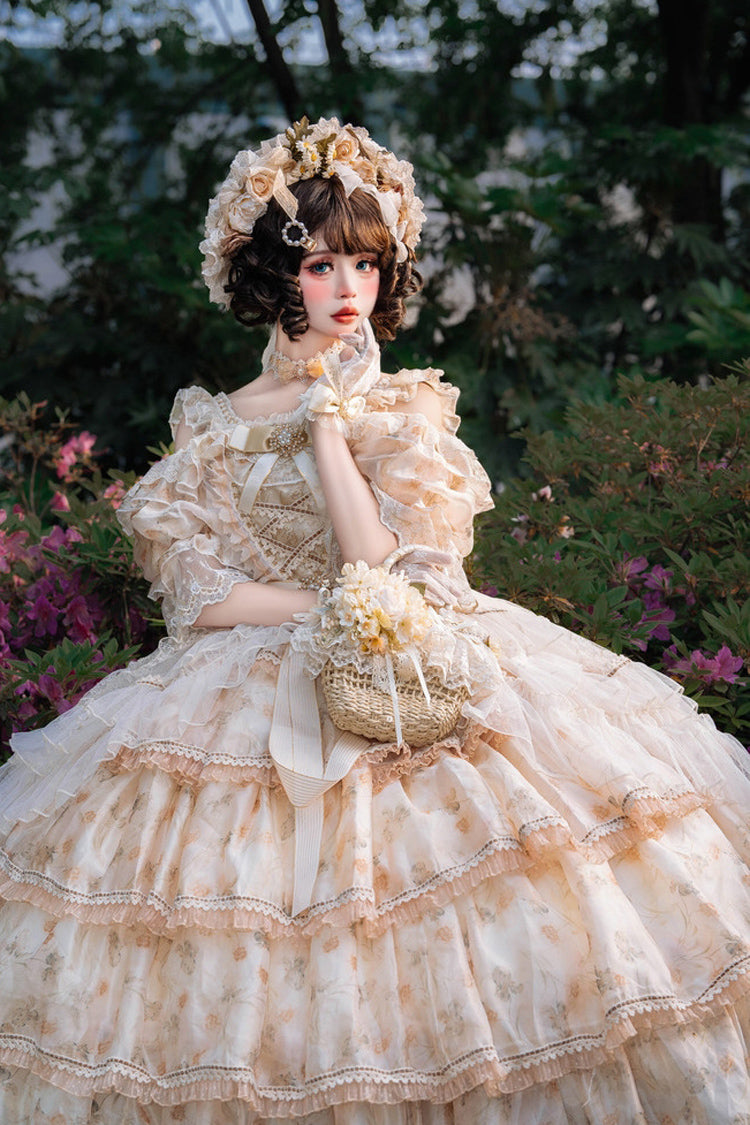 Yellow Off-Shoulder Princess Dress with Ruffle Print
