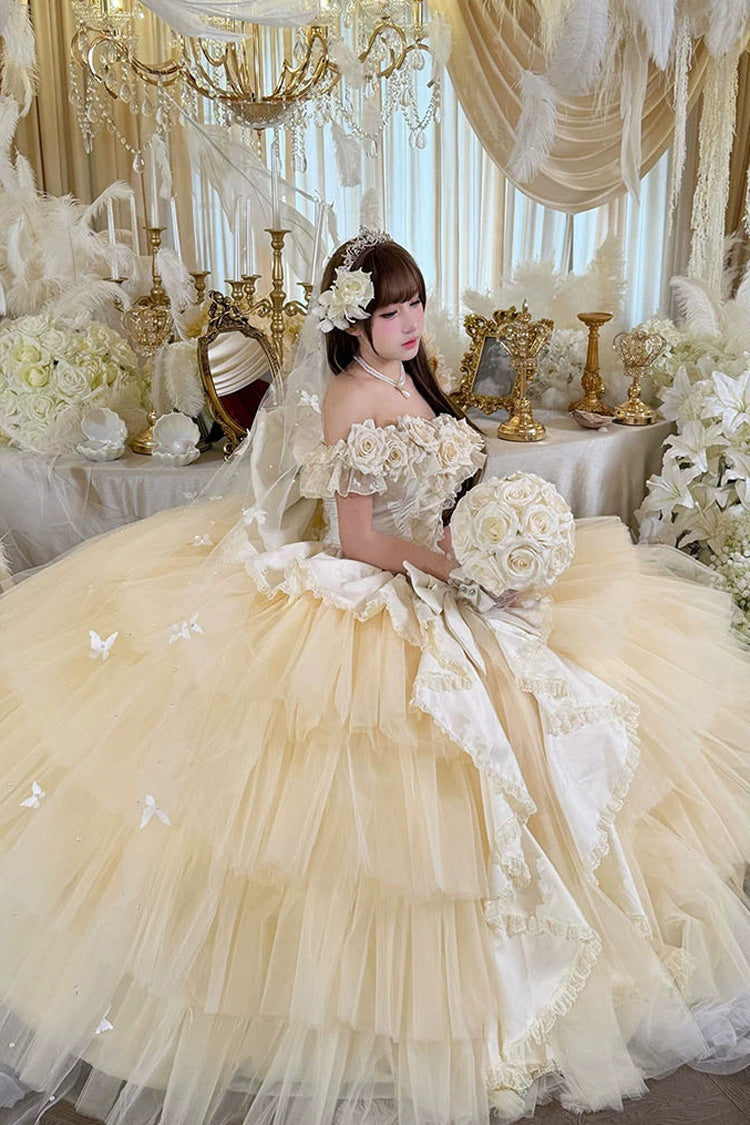 Apricot Sweet Lolita JSK Long Dress with Ruffled Hanayome Bow Lace-Up and Sleeveless Design