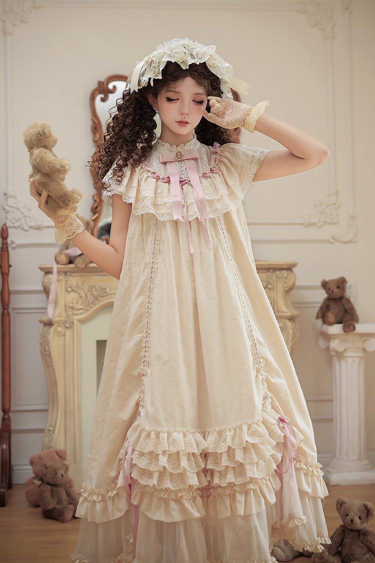Apricot Sweet Lolita Dress with Stand Collar Short Sleeves Loose Doll-Like Ruffled Bow Lace