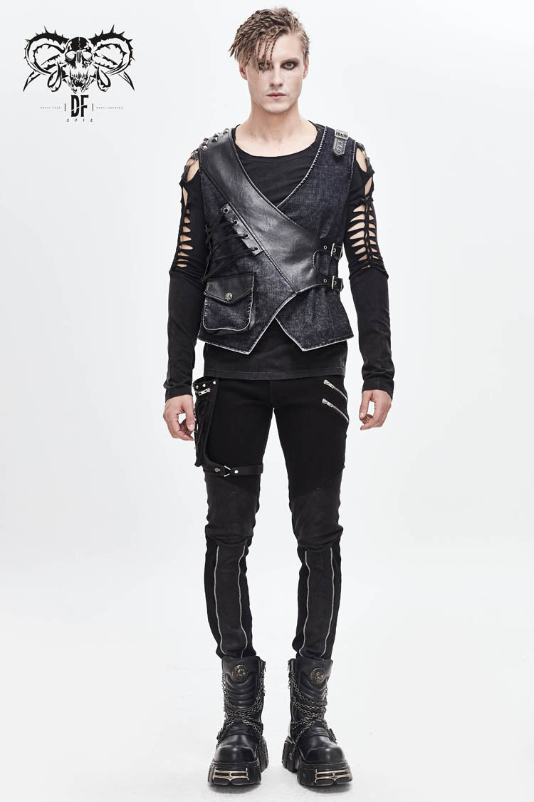 Rivet Corduroy Punk Waistcoat with Lace-Up Details