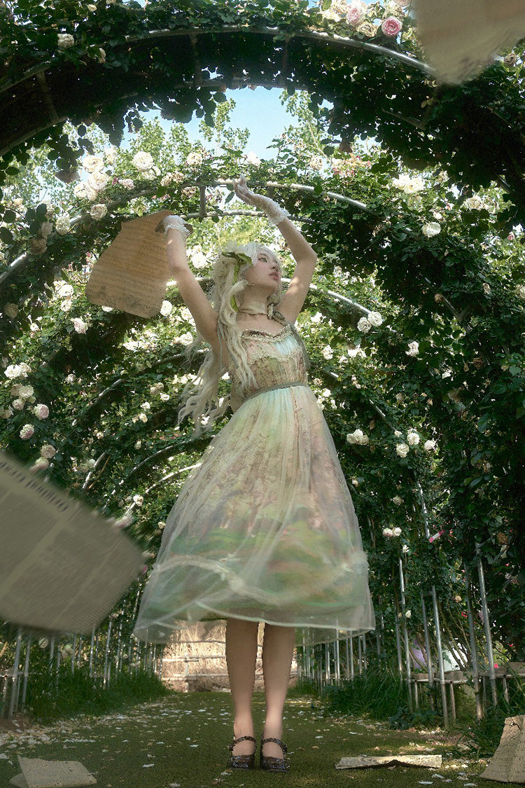Green Oil Painting Spring Sleeveless Print Ruffle Bow Lace Sweet Jsk Dress