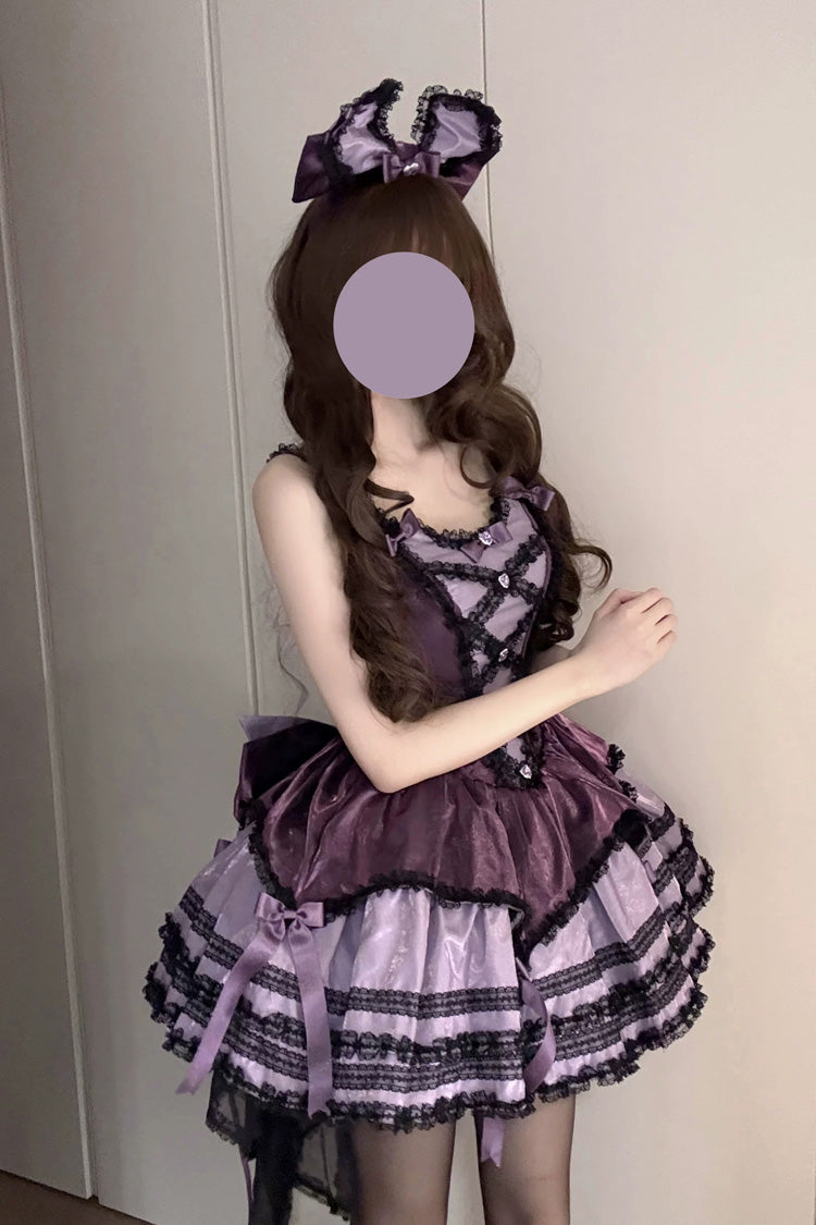 Violet Jasmine Rain Square Collar Sleeveless Polka Printed Ruffled Bow Lace JSK