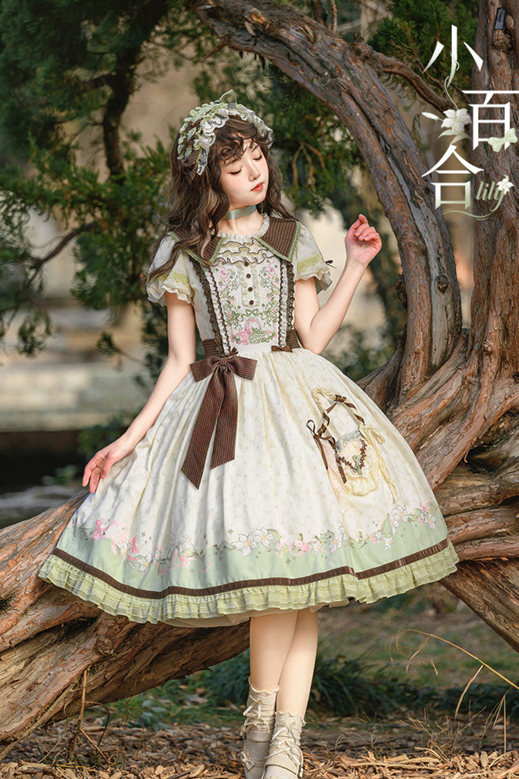 Green Ivory Lily Short Sleeve Print Ruffle Embroidery Bow Lace Sweet Dress