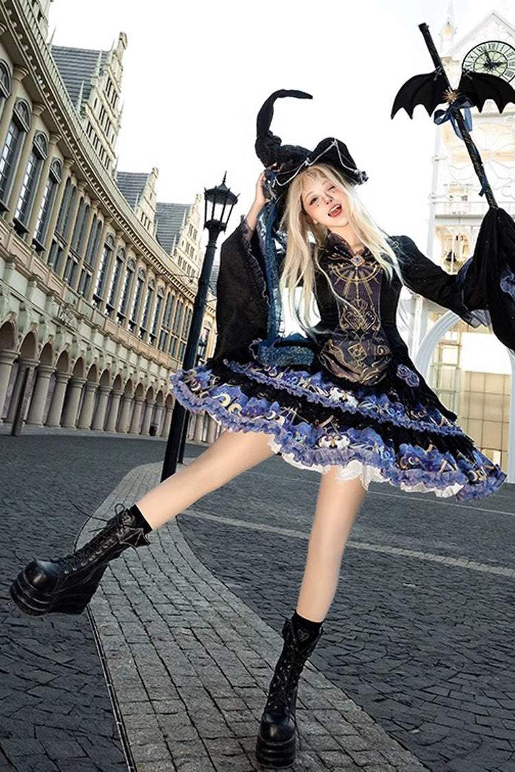 Black Long Sleeve Double Print Ruffle Lace Gothic Lolita Dress