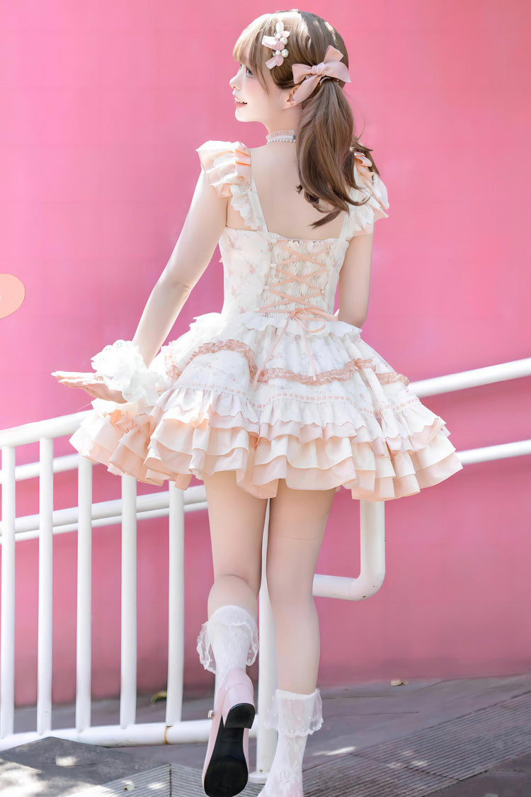 Floral Printed Multi-Layer Lace Sweet Lolita Tiered Dress - Ruffled Bowknot