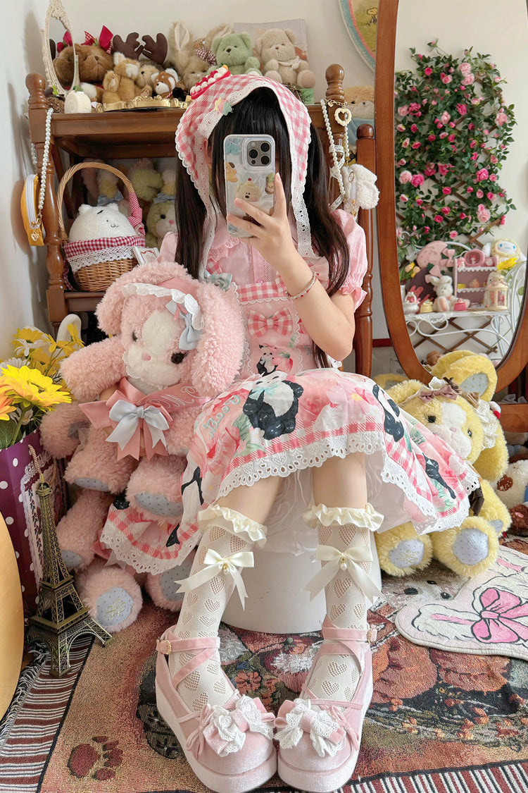 Panda Peach Printed Bow Sweet Lolita Strap Dress
