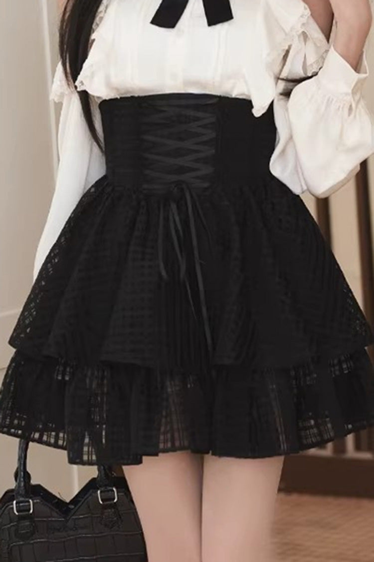 Black and White Round-Collar Cut-Out Bow Lace-Up Elegant Skirt Set