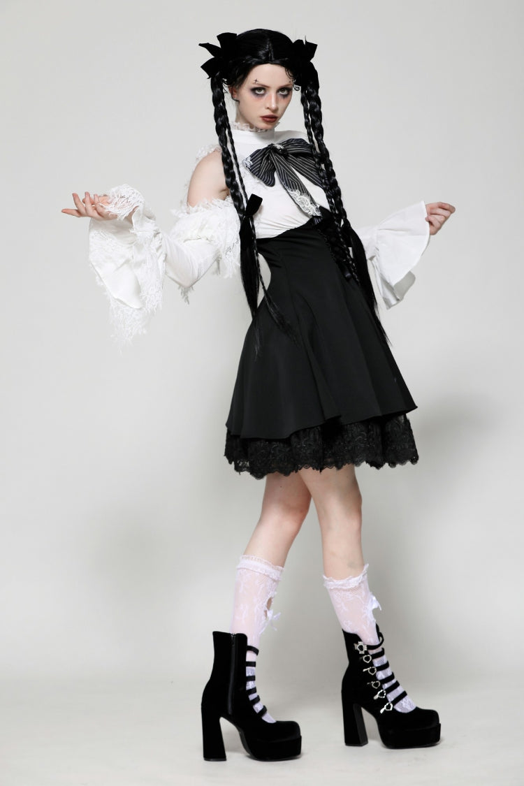 Black/White Asymmetric Puff Sleeve Gothic Mini Dress