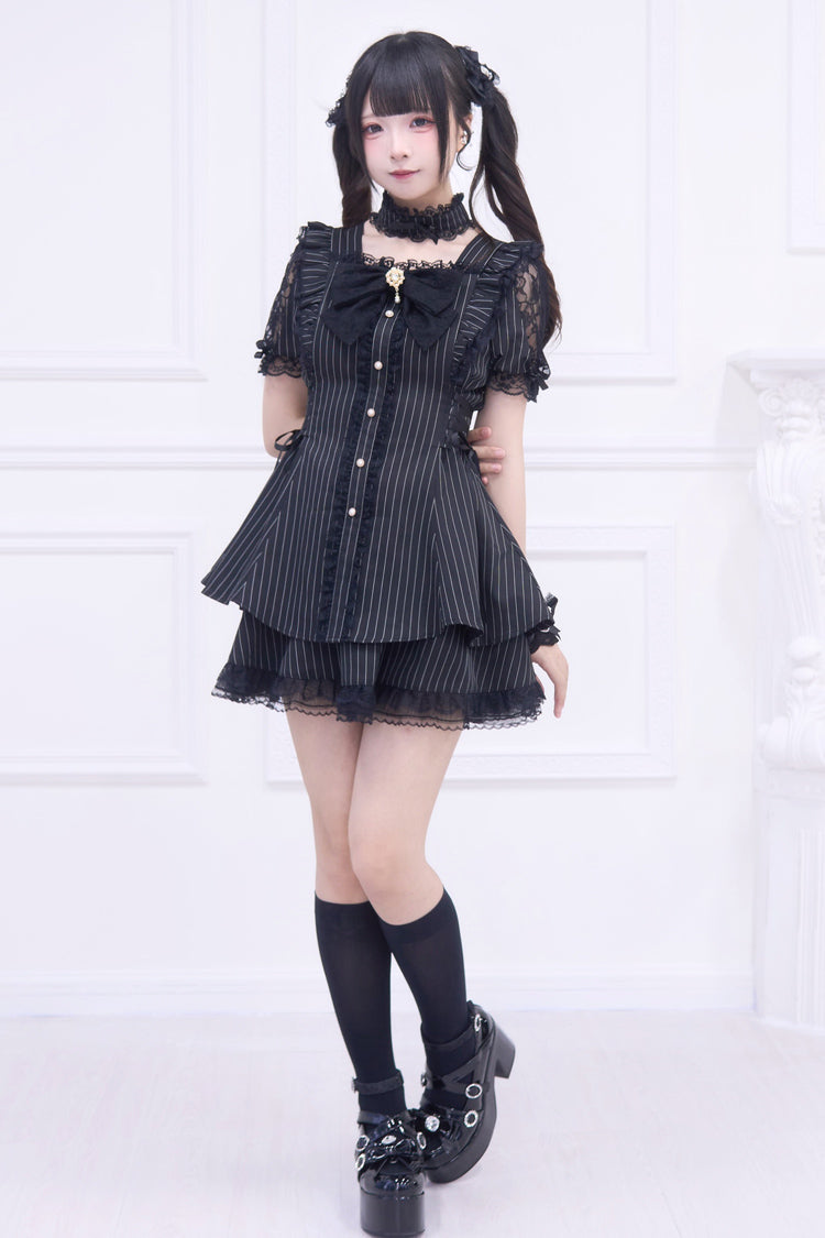 Black Waltz Short Sleeve Stripe Print Ruffle Bow Gothic Jirai Kei Dress Set