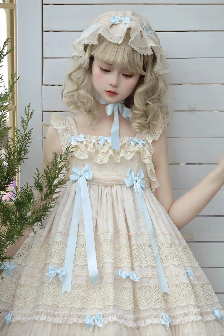 Beige Little Wind Chime Sleeveless Multi-Tiered Printed Ruffled Bow Lace Sweet Elegant Princess Lolita Jumper Dress