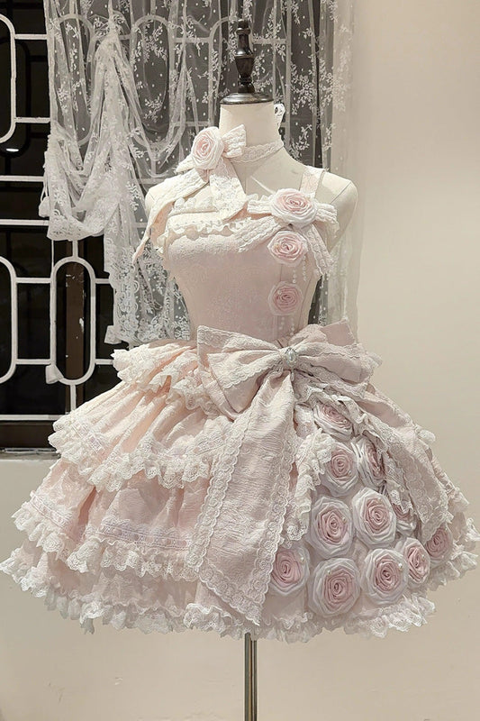 Sleeveless Asymmetric Ruffled Bow Lace Sweet Elegant JSK - Rose of Confession