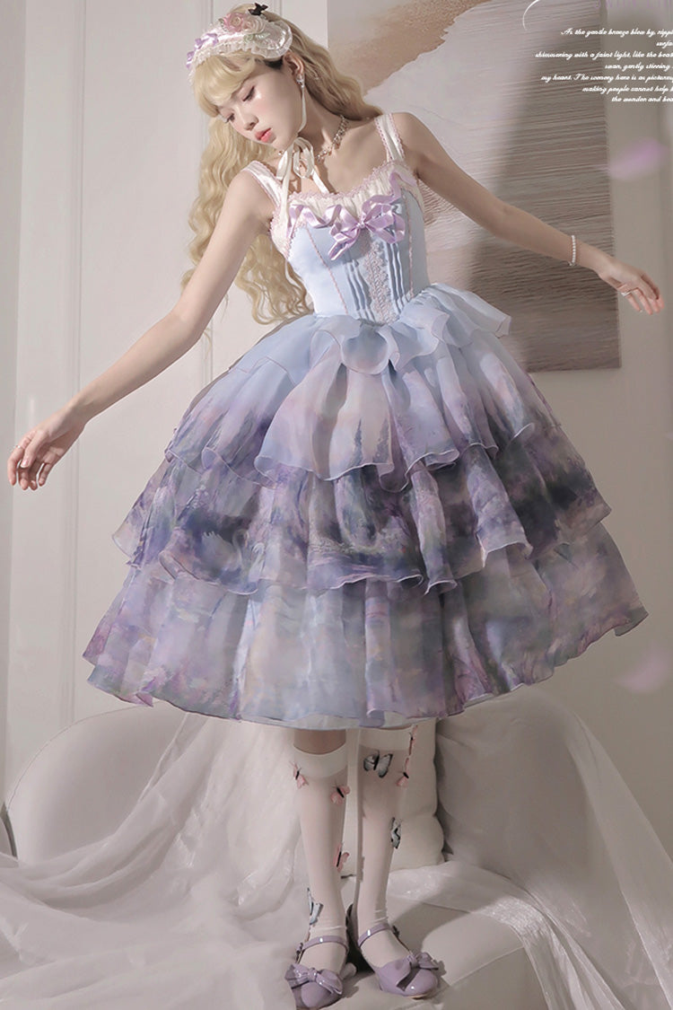Multi-Color Swan Lake Printed Oil Painting Sweet Lolita JSK Dress - Three-Layer
