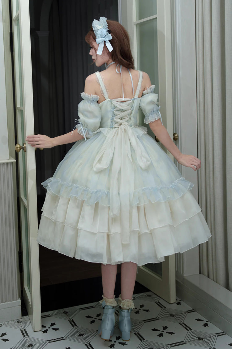 Goodnight Camellia Sleeveless Ombre Multi-Tiered Printed Ruffled Lace Fishbone Sweet Lolita Jumper Dress Three Colors