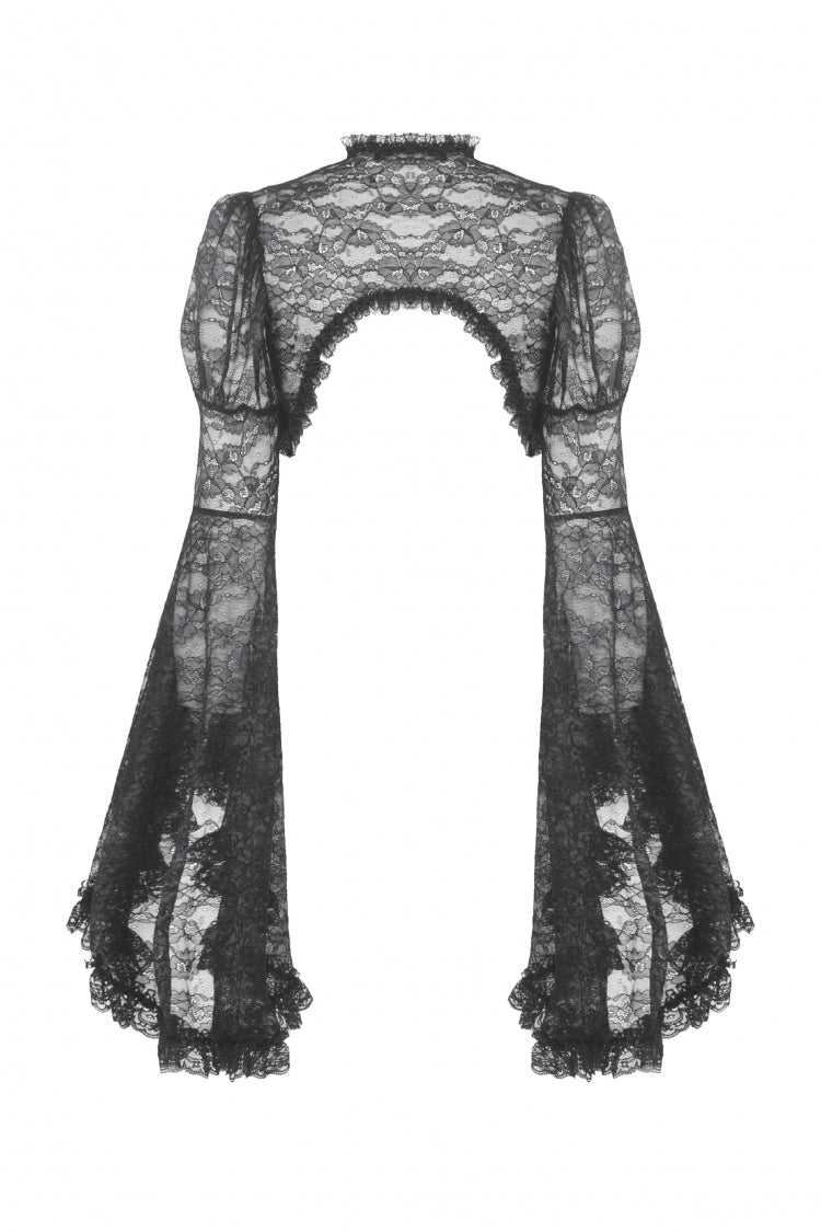 Jet-Black Gothic Cape with Flared Sleeves and Ruffled Lace
