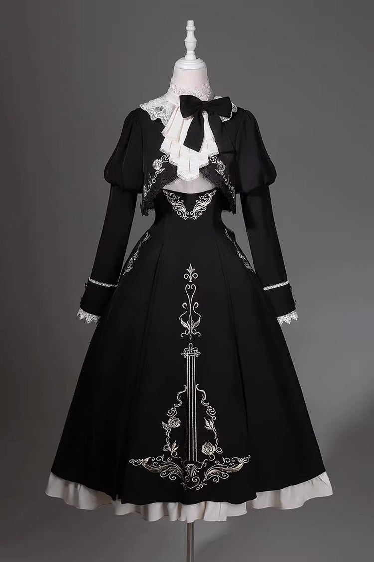 Black/White Violin Variations Ruffled Embroidered Gothic Lolita Jumper Gown Set