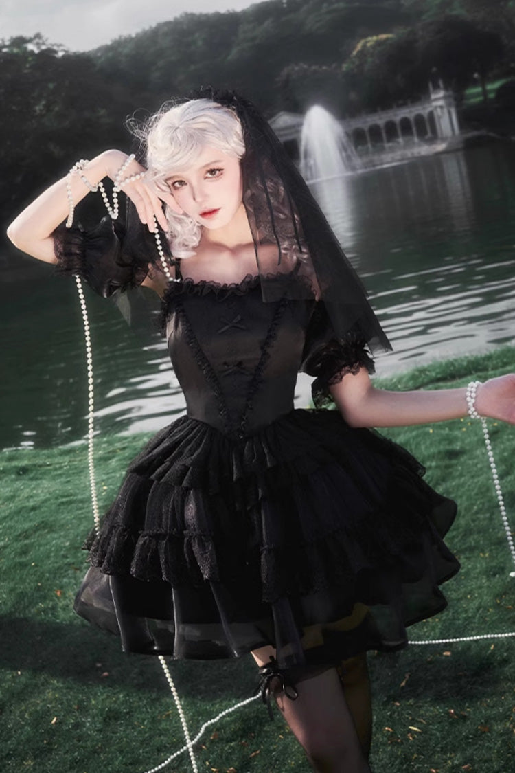 Black Gothic Drawstring JSK with Ruffle Details