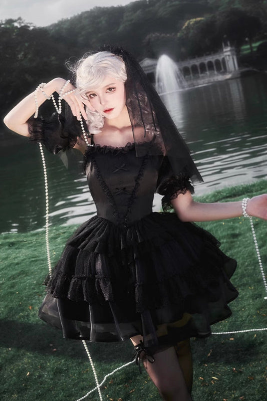 Black Gothic Drawstring JSK with Ruffle Details