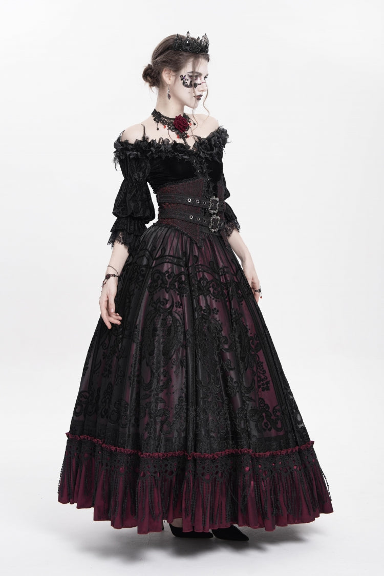 Scarlet Jacquard Embroidered Long Gothic Skirt with Buckle and Tassels
