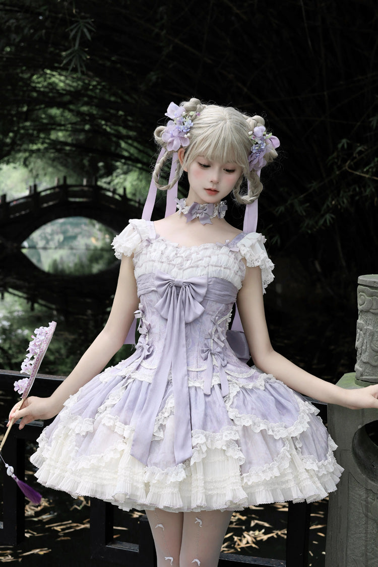 Floral Dream Violet Multi-Layered Ruffle Embroidery Lace-Up Ballet Lolita JSK - Floral Dream