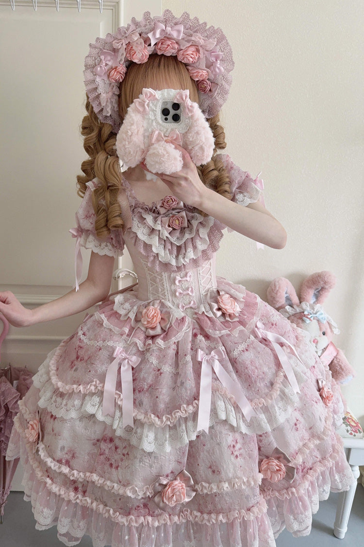 Pink Short Puff Sleeves Ruffle Bowknot Lace Sweet Japanese Princess Dress - Rose Manor