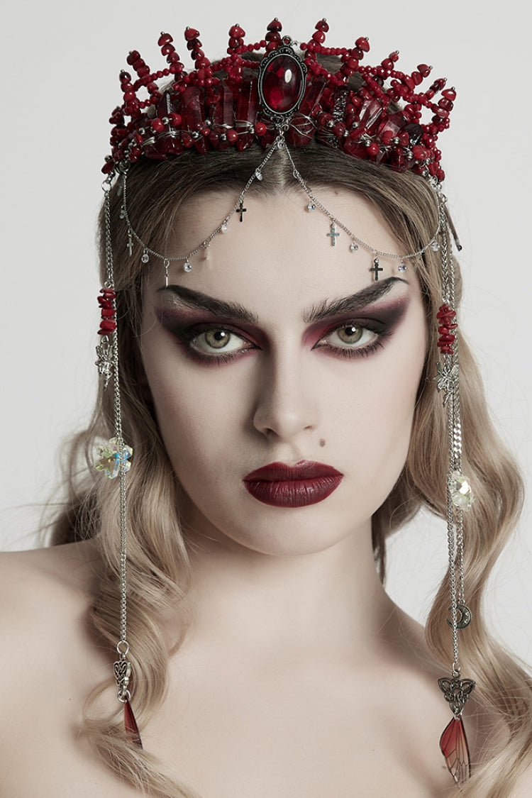 Scarlet Gothic Crystal Cross Headpiece with Irregular Design