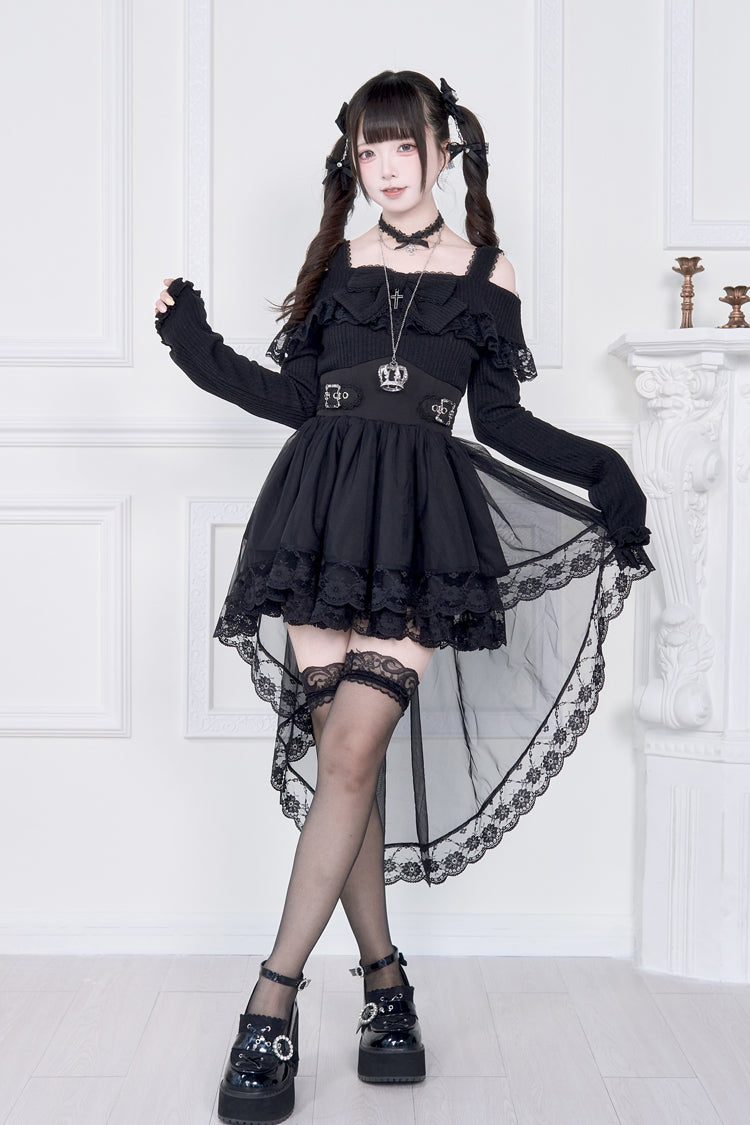 Faux Two Piece Off Shoulder Ruffle Bowknot Lace Gothic Jirai Dress in Two Shades