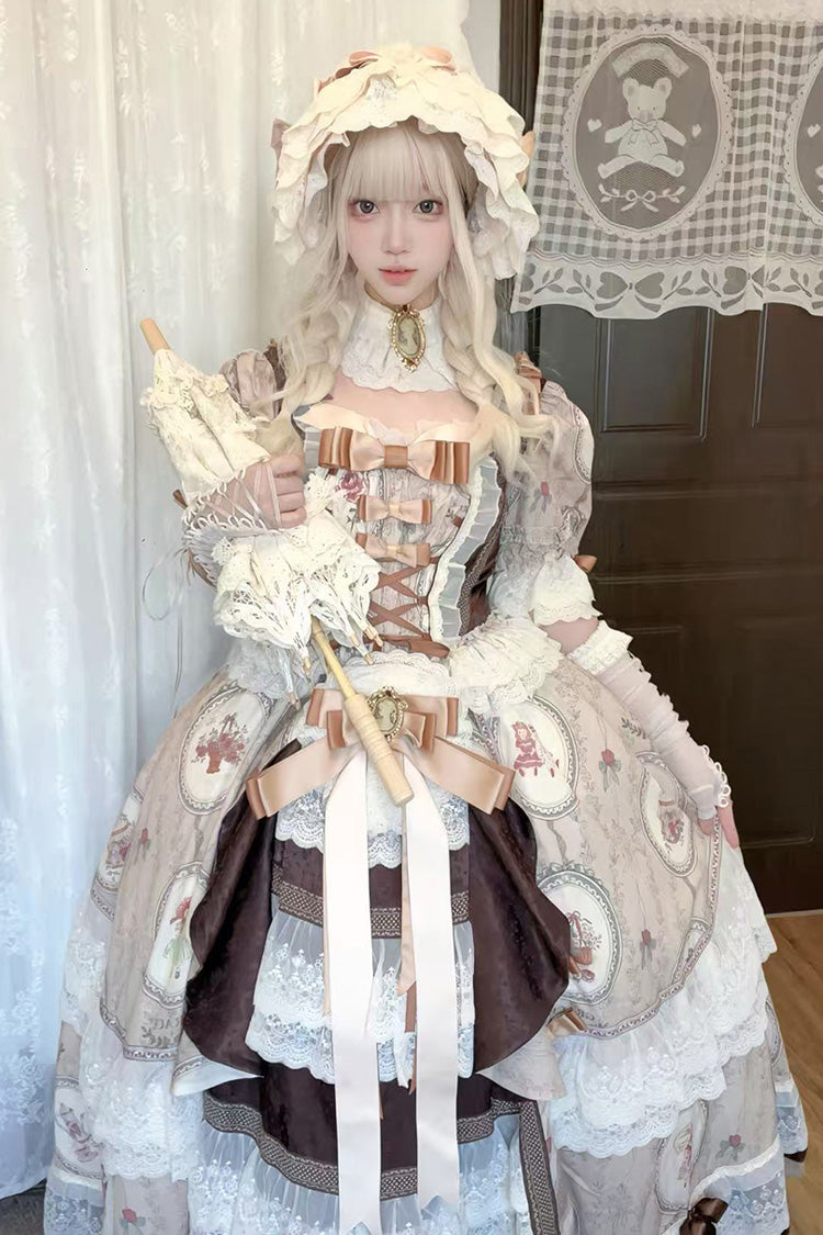 Baker Street Tea Party Short Sleeve High Waist Print Ruffle Embroidery Cardigan Bow Lace-Up Vintage Princess