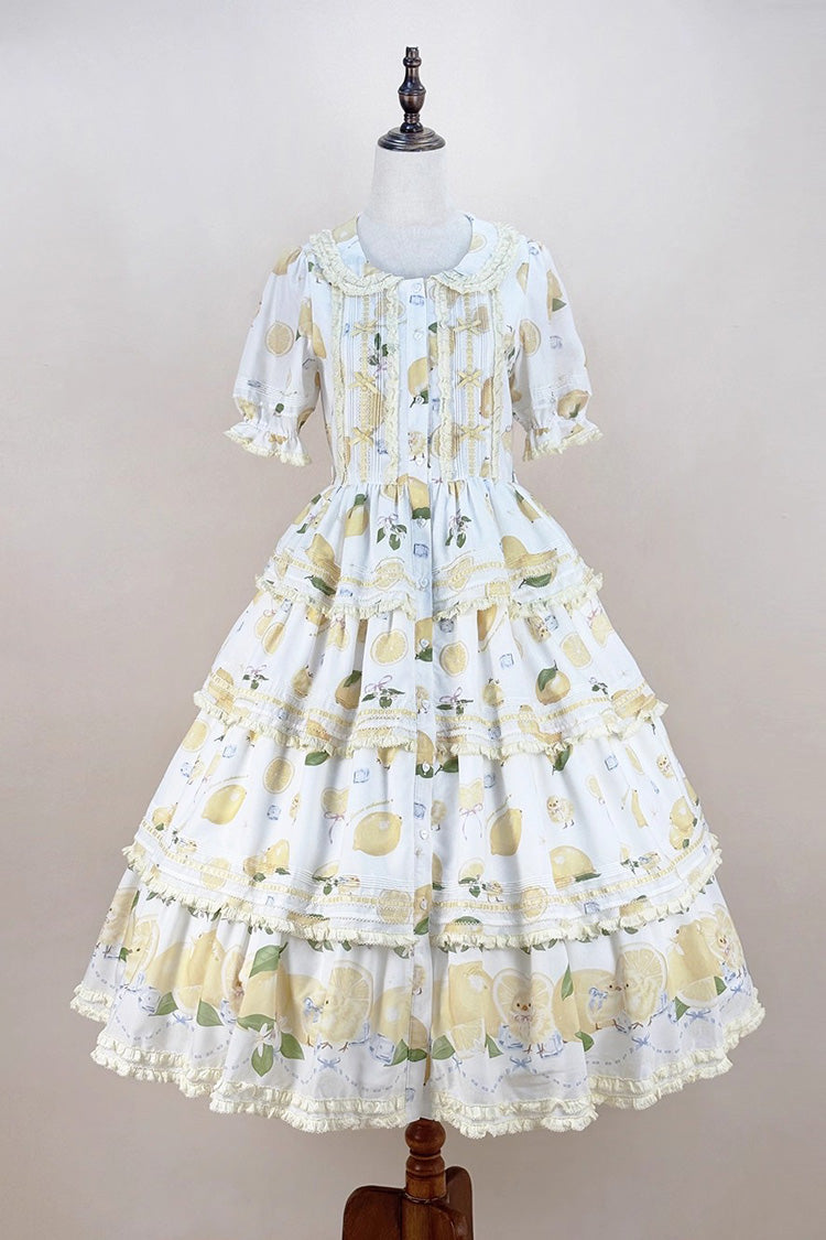 Ivory Triple-Layered Print Ruffle Bow Lace Gorgeous Dress