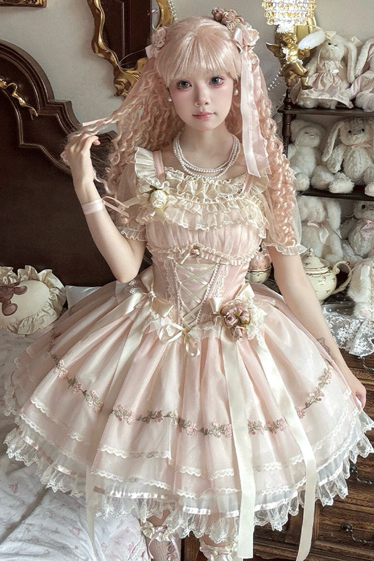 Ballet Lolita JSK Dress with Multi-Layered Ruffles and Bow - Mist Champagne, 3 Colors