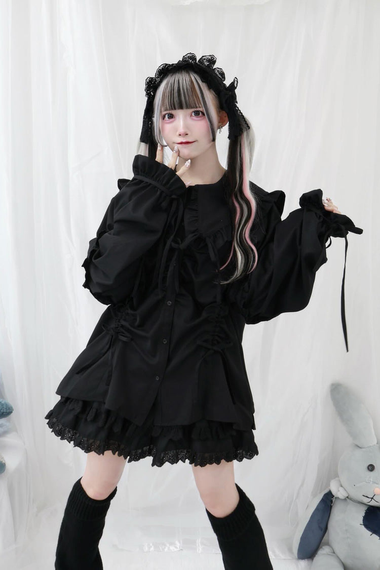 Japanese Blouse with Doll Collar, Long Sleeves, Ruffles, and Bow, 3 Colors
