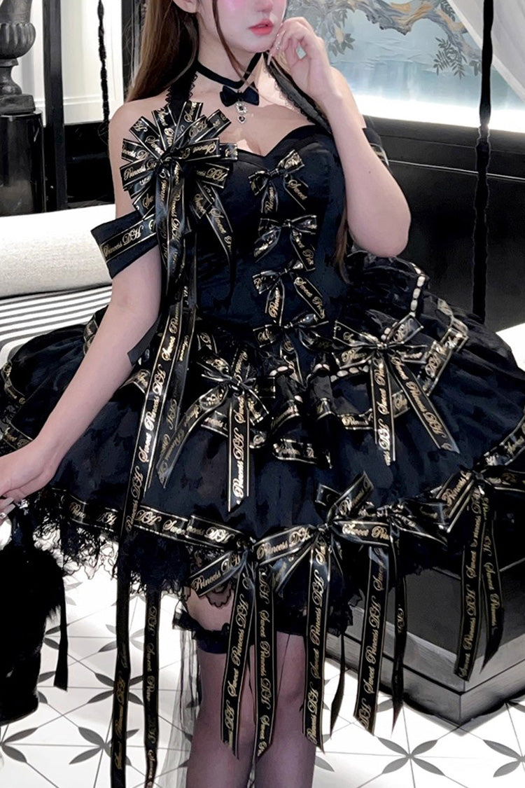 Black Halterneck Sleeveless Multi-Layered Ruffle Bow Elegant Gothic Dress