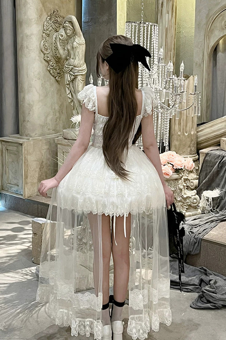 Cream Hepburn Heart Square Collar Sleeveless Multi-Layer Cut-Out Bow Lace Sweet Lolita JSK Dress
