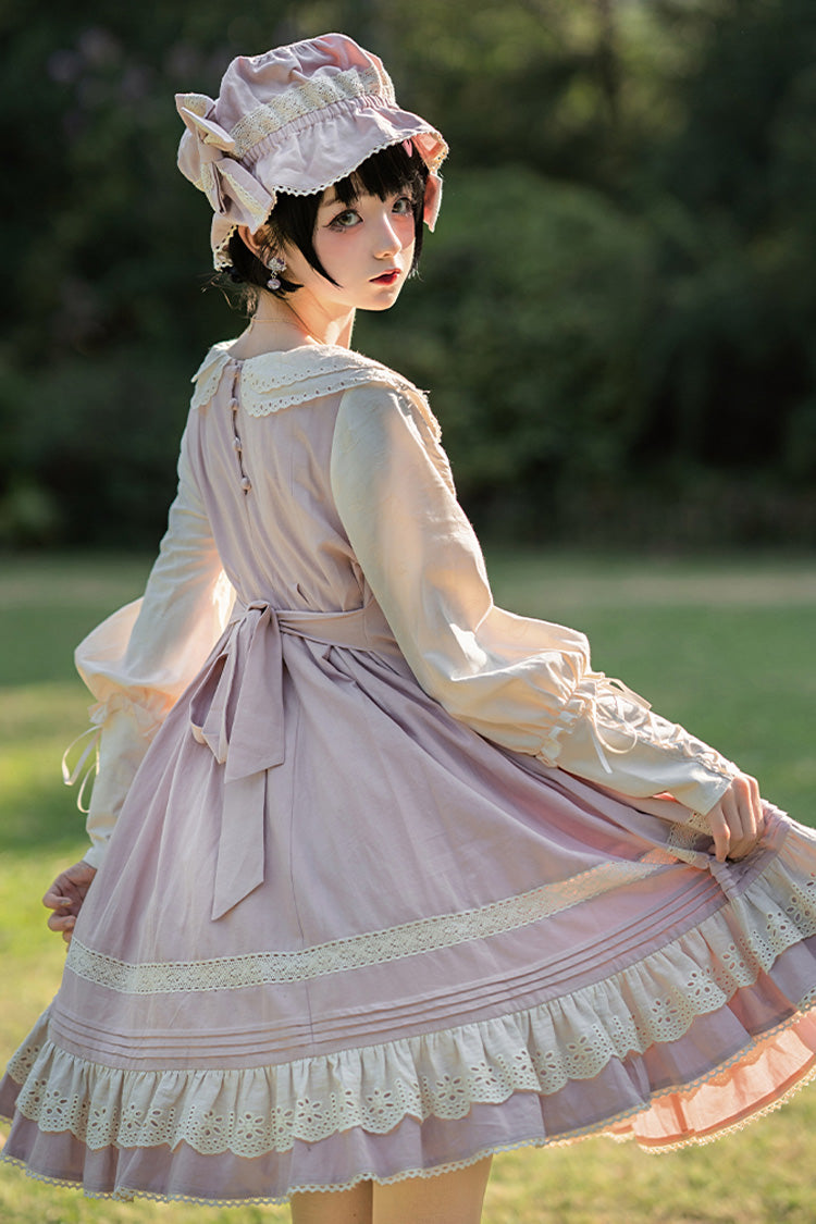 Retro Sweet Lolita OP Dress Doll Collar Long Sleeved Ruffled Cotton - Altfashion Shop