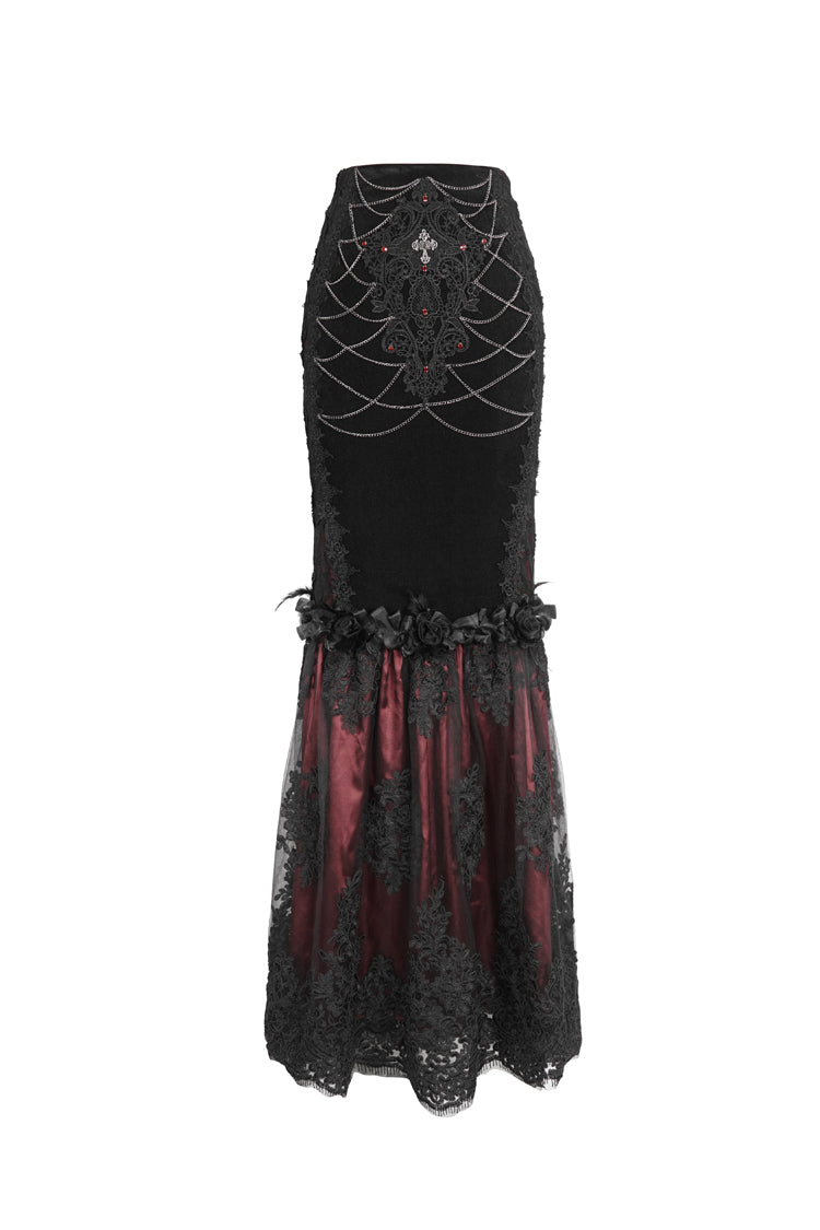 Crimson & Noir High-Rise Embroidered Lace Accent Gothic Skirt