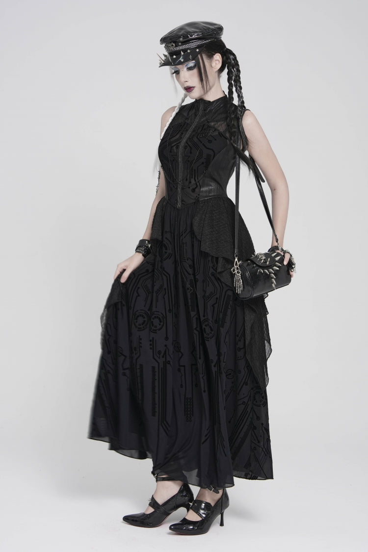 Stand Collar Sleeveless Multi-Layered Printed Sheer Punk Elegant Gorgeous Dress