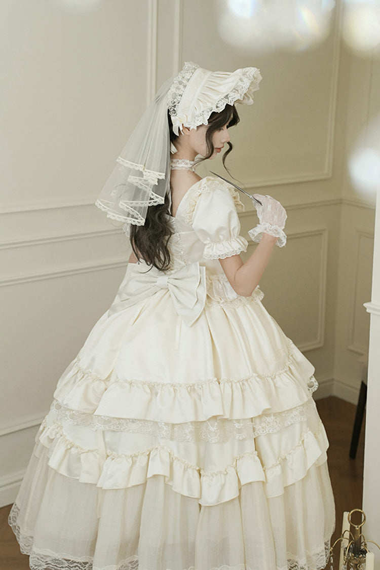 Ivory Square Neck Ruffle Bridal Bow Elegant Gown