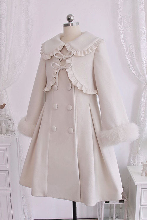 Ivory Woolen Coat with Bow - Double Breasted Lolita
