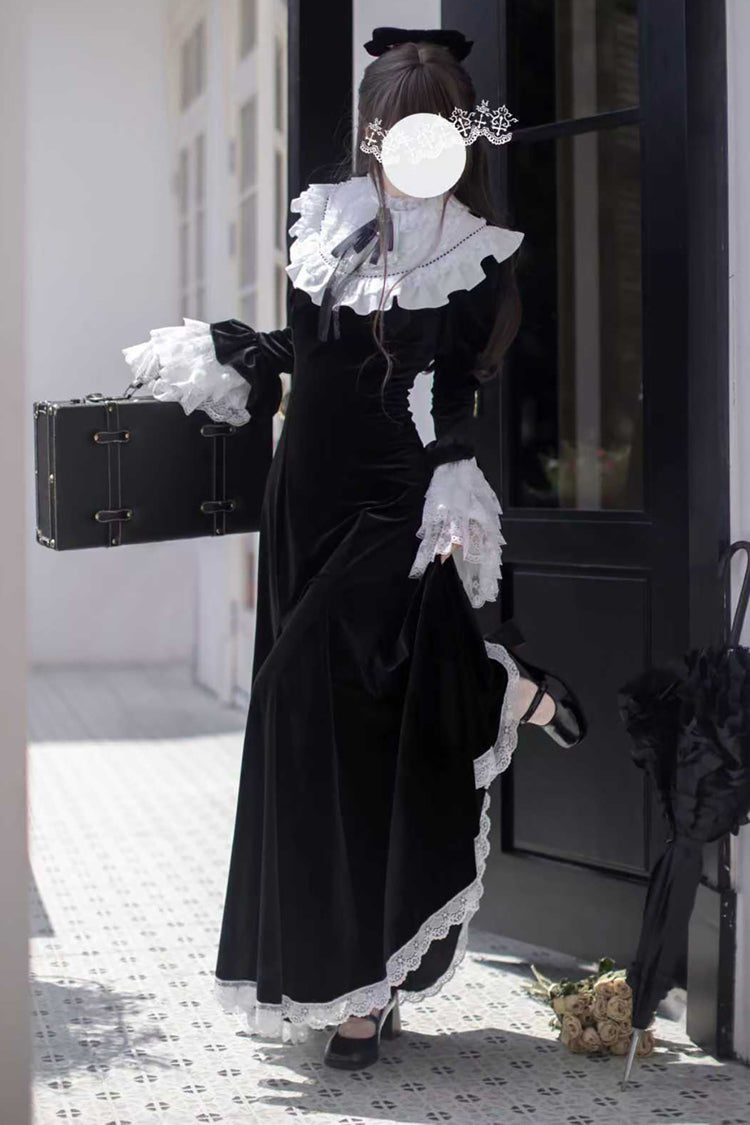 Velvet Hime Sleeve Ruffle Bowknot Gothic Lolita Fishtail Dress Black