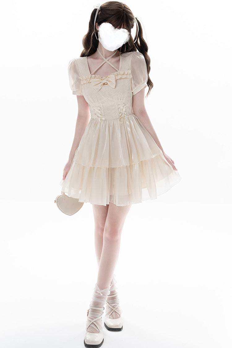 Apricot Sweet Lolita Dress with Multi-Layer Jacquard Ruffles Short Sleeves and Bowknot