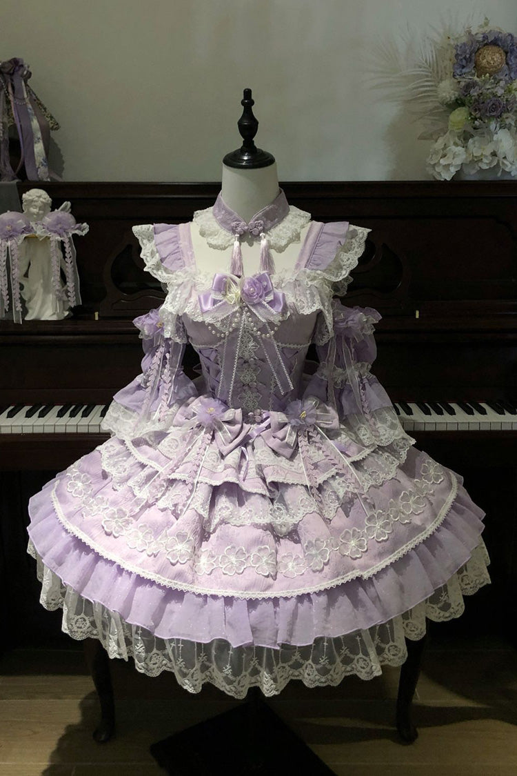Violet Peach Rain Sleeveless Tiered Bow Lace Chinese Lolita JSK