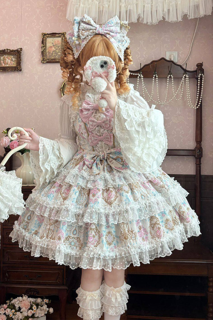 Gorgeous Apricot Sleeveless Triple-Layer Floral Ruffle Bow Lace Lolita JSK