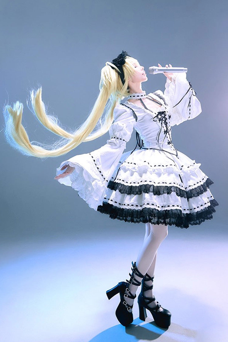 White Long Trumpet Sleeve Double-Layered Ruffled Bow Lace-Up Gothic Skirt Set