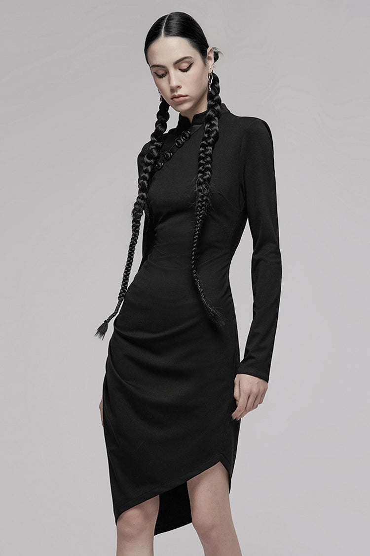 Improved Cheongsam Pointed Hem Drawstring Collar Long Sleeve Punk Dress