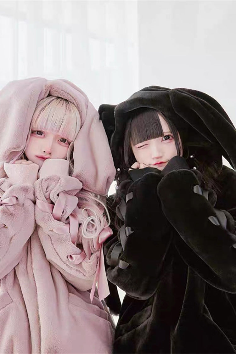 Black Rabbit Ears Bowknot Lace-Up Hooded Jirai Kei Coat