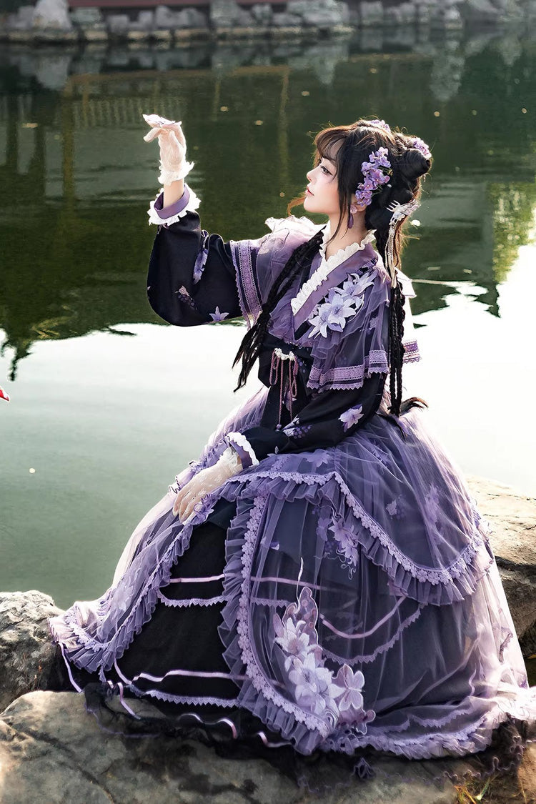 Purple Stand-Collar Embroidered Bow Elegant Chinese-Style Lolita Dress Set