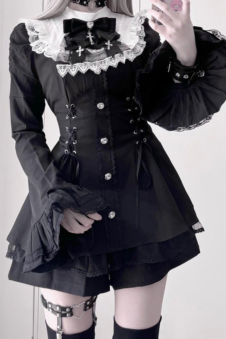 Black Long Trumpet Sleeves Ruffle Gothic Jirai Kei Dress Set - 2 Colors