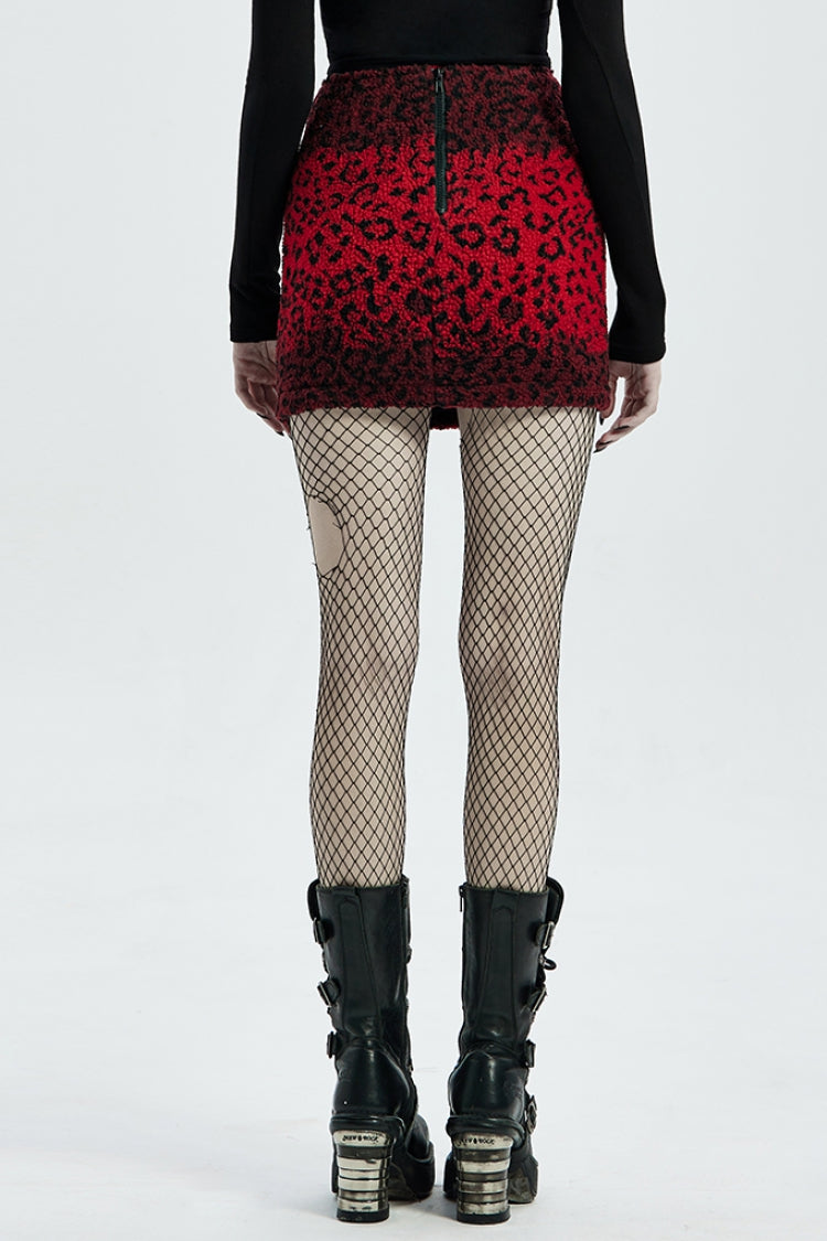 Crimson Leopard Print Leather Strap Steampunk Mini Skirt
